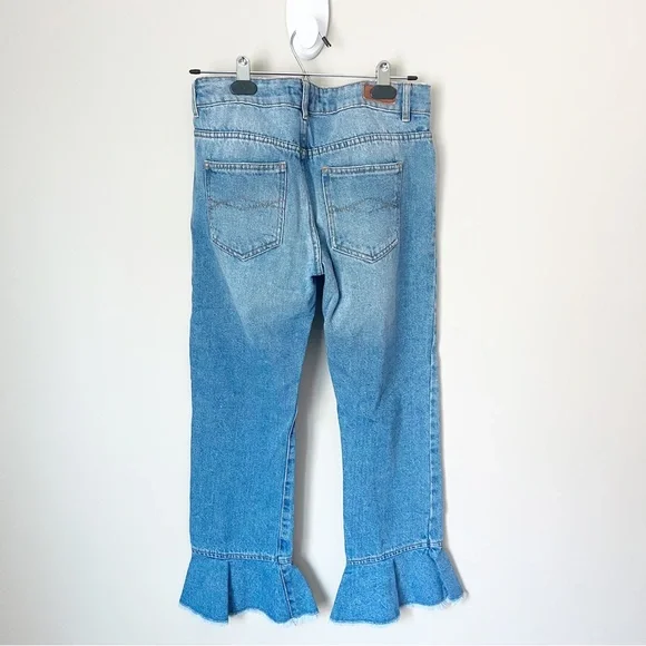 Zara Denim Frill Ruffle Cuff Raw Hem Cropped Jeans Light Wash 2 - Picture 12 of 13
